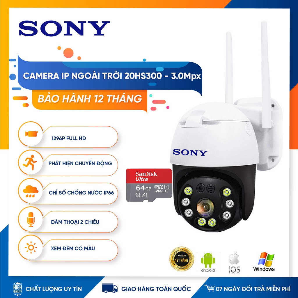 Camera wifi ngoài trời SONY 20HS300 PTZ 8 led 3.0MP Full HD 1296,xoay 360 chính hãng,ngoài trời chống nước