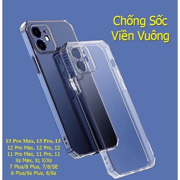 Ốp Lưng Trong Chống Sốc Cạnh Vuông Giả iPhone 14, 13 Pro Max, 12, 11, X/Xs, Xr, 7/8 Plus, 6/6s