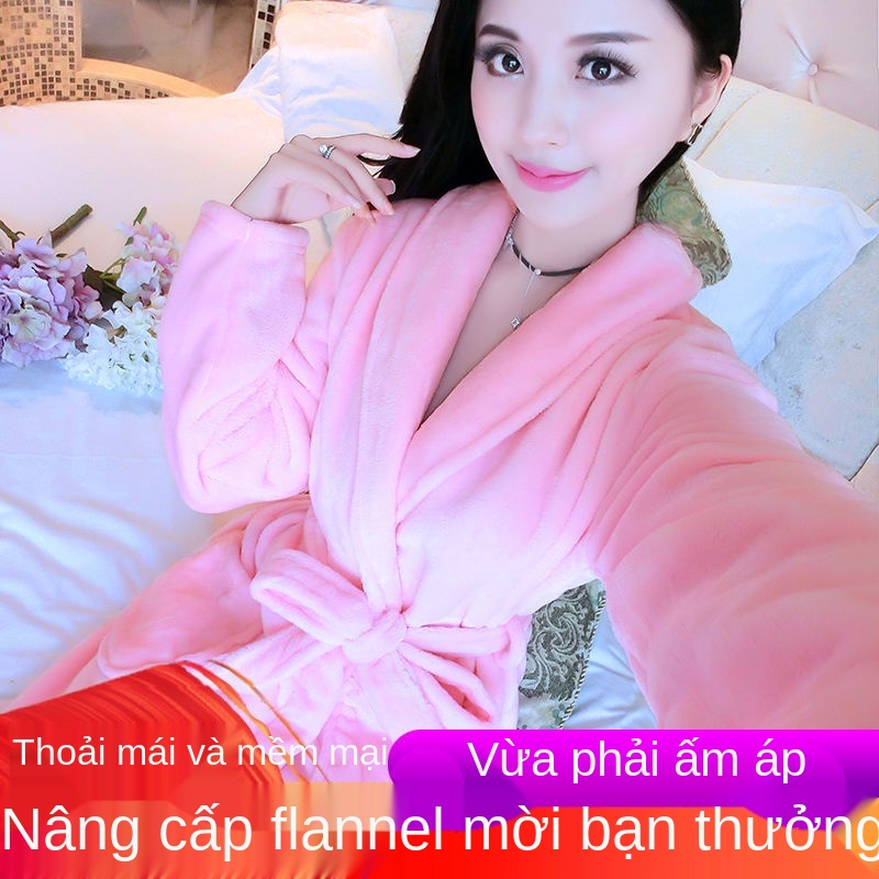 Couple pyjama nữ mùa thu đông ấm áp san hô lông cừu dễ thương phong cách hàn quốc nam phương pháp làm dày Áo choàng tắm