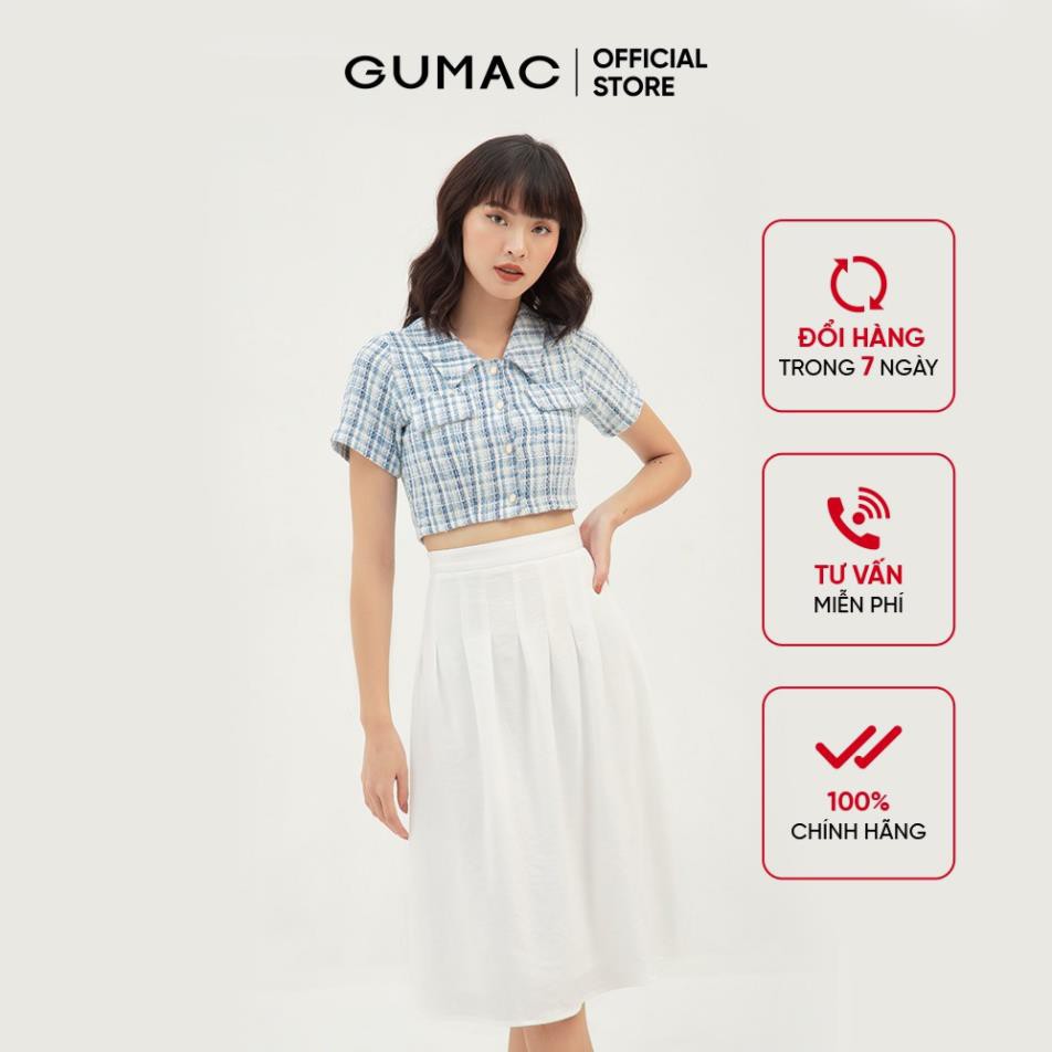 Áo sơ mi croptop họa tiết caro GUMAC màu xanh, đủ size, phong cách năng động, trẻ trung AB334 New *