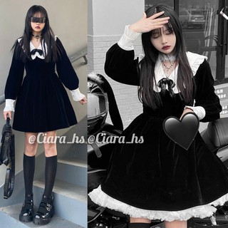 [Có Ảnh Thật - Order Hàng Loại 1] (GT) Váy đầm Gothic Lolita chất nhung mịn đính nơ kim tuyến màu đen dáng xòe loại đẹp
