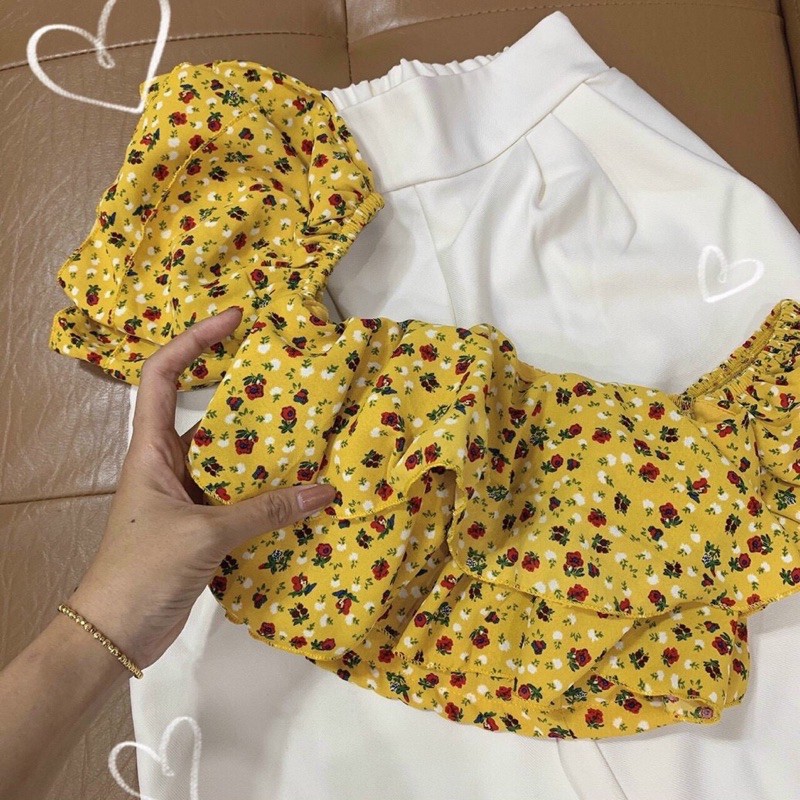 SET CROP BẸT VAI HOA + Quần SUÔNG TRẮNG | BigBuy360 - bigbuy360.vn