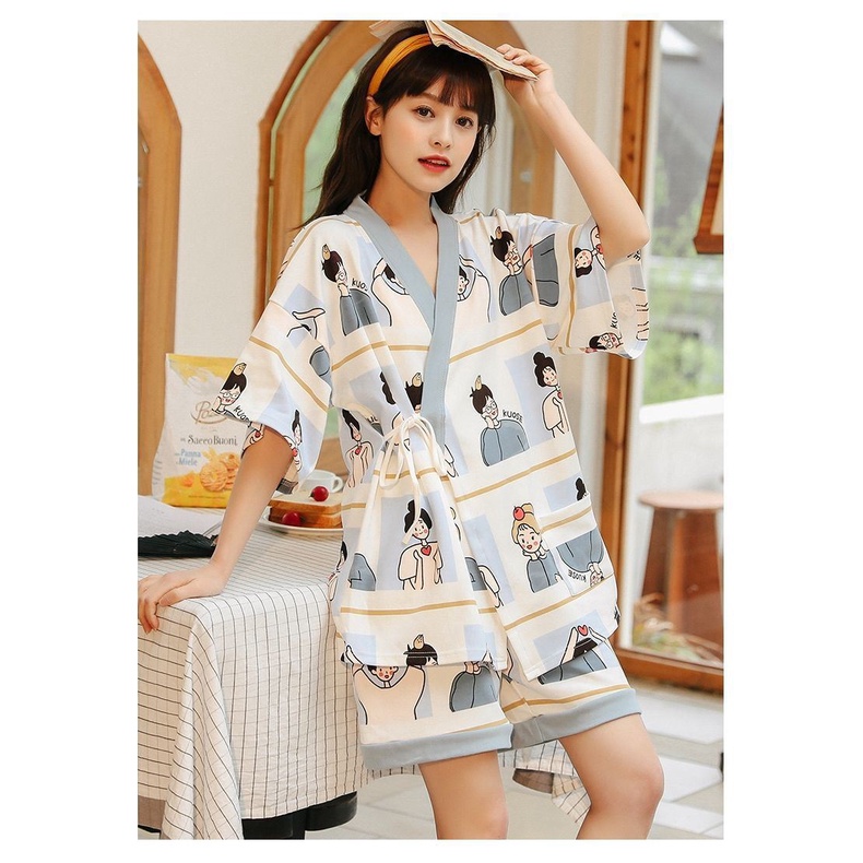 SUSQ2 Bộ Pijama kiểu Nhật yukata lụa cộc tay buộc dây Đồ Ngủ Kimono nữ mặc nhà thắt eo quần lửng ngắn