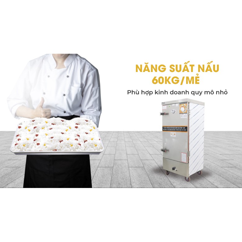 Tủ Nấu Cơm 60 Kg Gạo/ Mẻ Bằng Điện Gas 12 Khay Việt Nam NEWSUN - Hàng Chính Hãng - Bảo Hành 12 Tháng