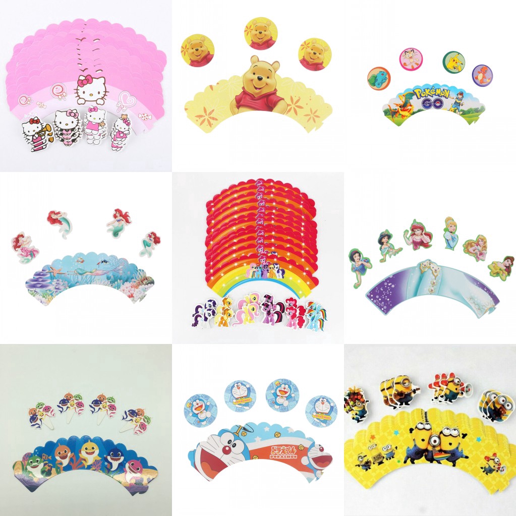 Set 24 Phụ Kiện Màng Bọc Và Topper Trang Trí Bánh Cupcake Họa Tiết Chuột Mickey Minnie / Doraemon / Công Chúa Băng Giá