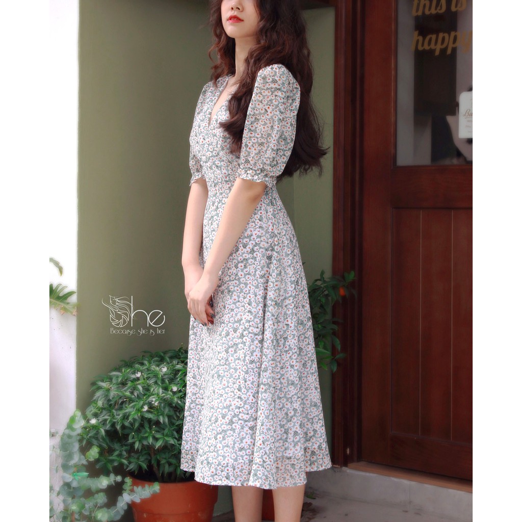 Emily Dress- Đầm hoa cổ V maxi tay phồng- SDX79 | BigBuy360 - bigbuy360.vn