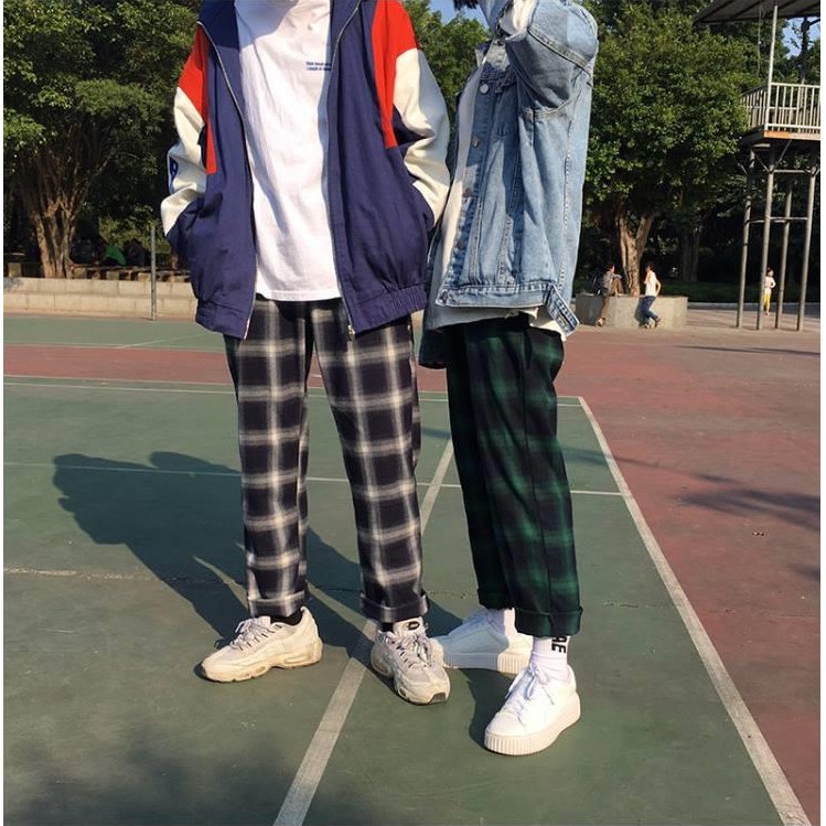 Quần baggy ống rộng bigsize kẻ caro đen đỏ dáng suông unisex