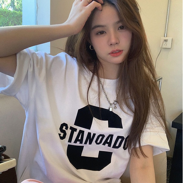 SUXI Áo Thun Tay Ngắn Dáng Rộng In Chữ Đơn Giản Thời Trang Hàn Quốc Cho Nữ