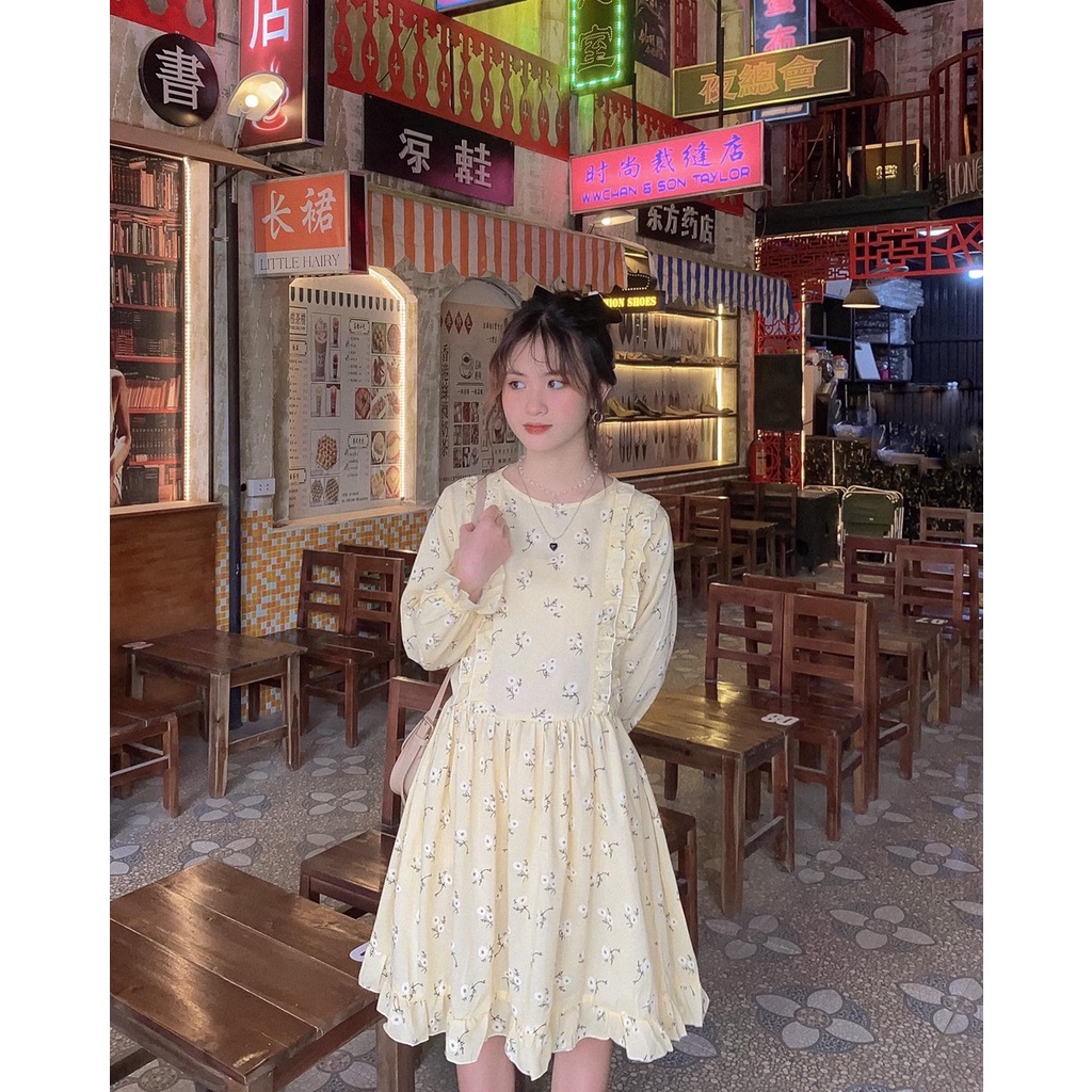 Đầm hoa nhí ngắn tay bồng be