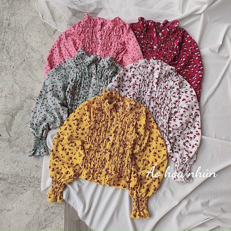 Áo croptop hoa nhí tay phồng may nhún