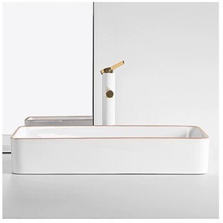 Chậu sứ lavabo màu trắng viền vàng hình chữ nhật