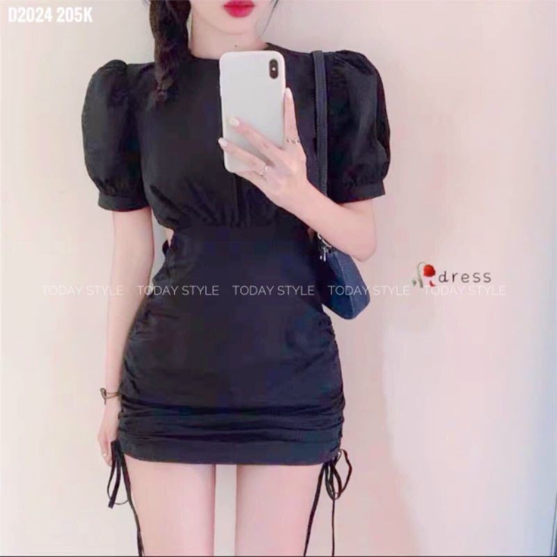 Đầm body cổ tròn tay phồng rút dây hai bên hông
