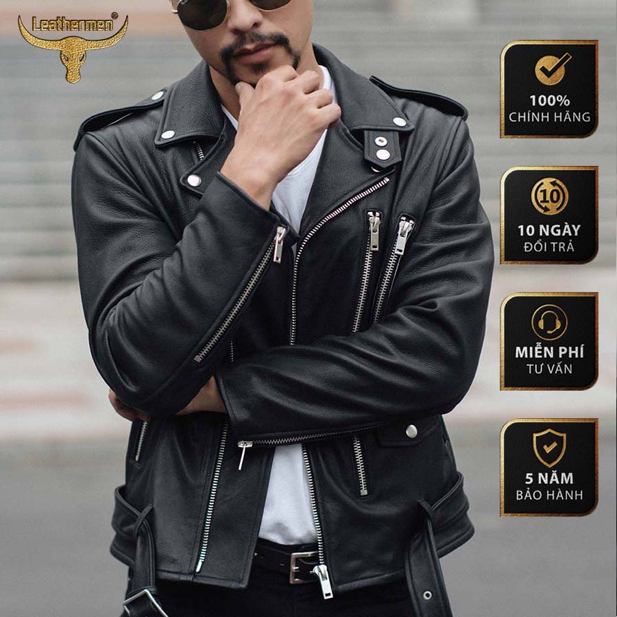 Áo khoác da nam biker LEATHERMEN Am22-007, Da Thật, mềm nhẹ, da dê núi, Bảo hành 4 năm