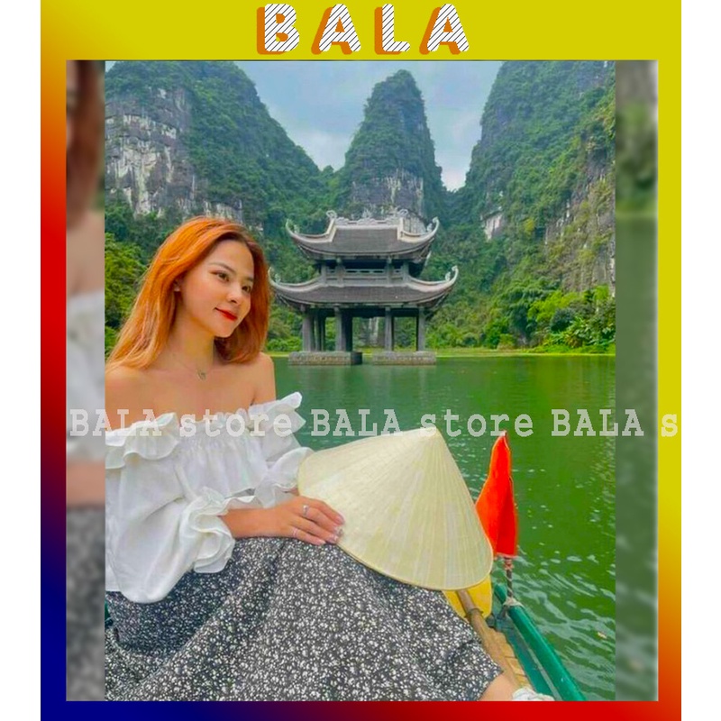 Set Áo Trắng Rớt Vai Nhún Thun Bèo Ngực Tay Dài + Chân Váy Hoa Midi