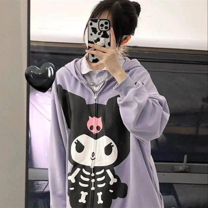 Áo Khoác Cardigan Có Nón In Hình Kuromi Thời Trang Nam Nữ