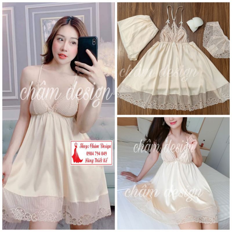 váy ngủ màu kem gắn 3 nơ nhỏ xinh