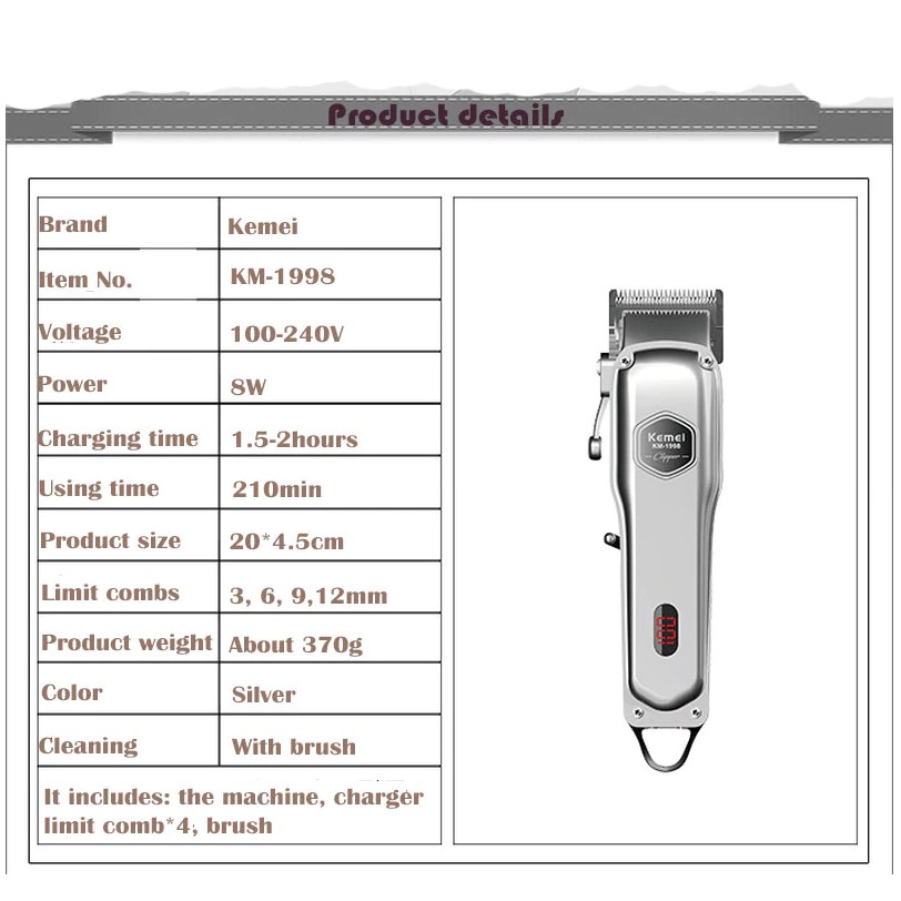 Tông Đơ Cắt Tóc KeMei km-1998, Không Dây Chuyên Nghiệp Vỏ Nhôm - Cao Cấp Chính Hãng