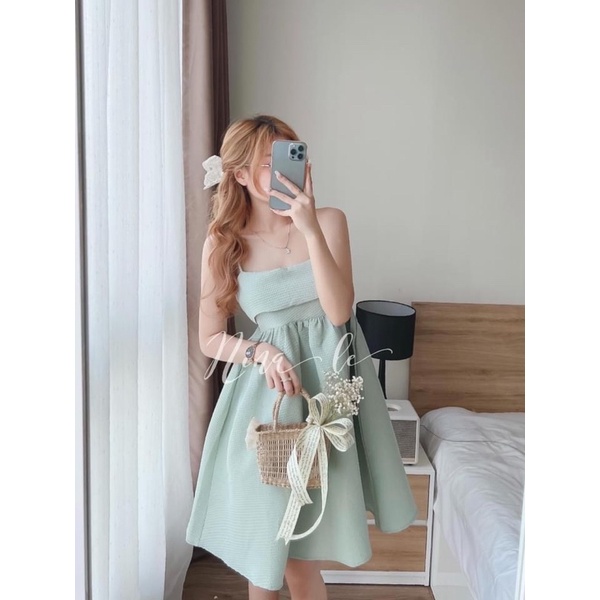 Váy Dự Tiệc - Đầm 2 Dây Buộc Nơ Sau Chất Xốp