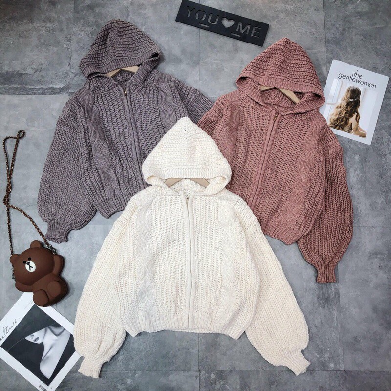 Áo LEN THỪNG MŨ KHOÁ TAY BỒNG KÈM ẢNH THẬT