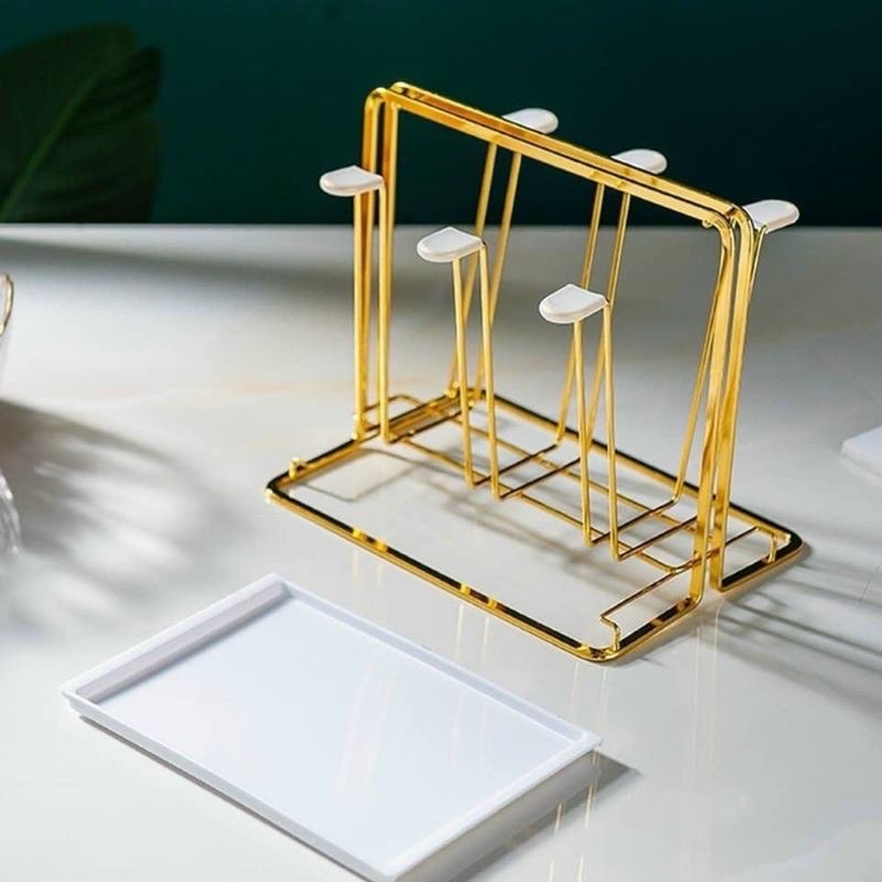 Giá úp ly, giá úp cốc mạ vàng kèm khay hứng nước
