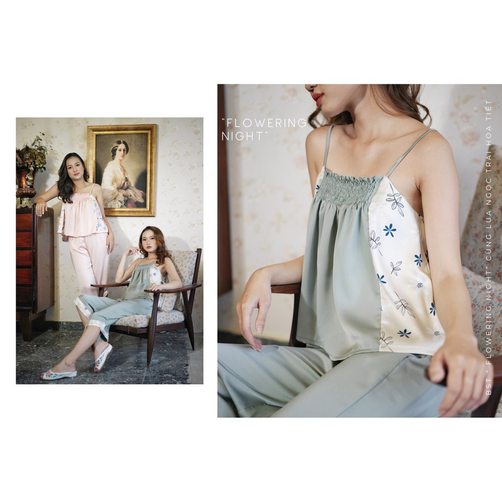 SET ĐỒ LỤA 2 DÂY LỬNG PHỐI HOA TINH TẾ- Đồ ngủ lụa LaLua, đồ bộ lửng, đồ lụa , đồ bộ lửng mặc nhà, đồ ngủ lụa chính hãng
