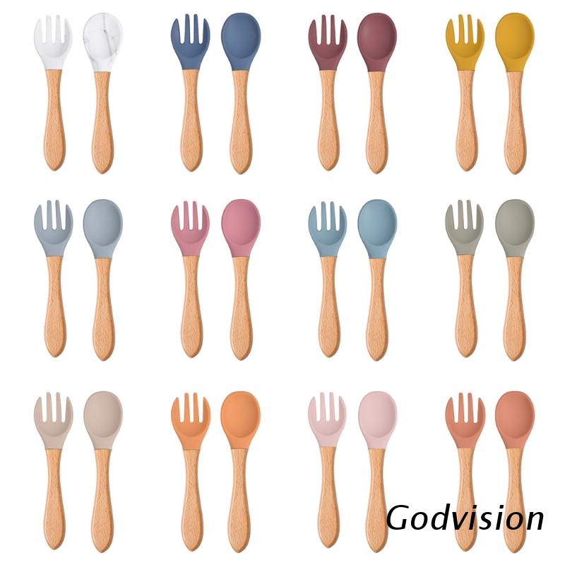 Bộ 2 Muỗng Nĩa Silicone Cấp Thực Phẩm Tay Cầm Gỗ Cho Bé Tập Ăn