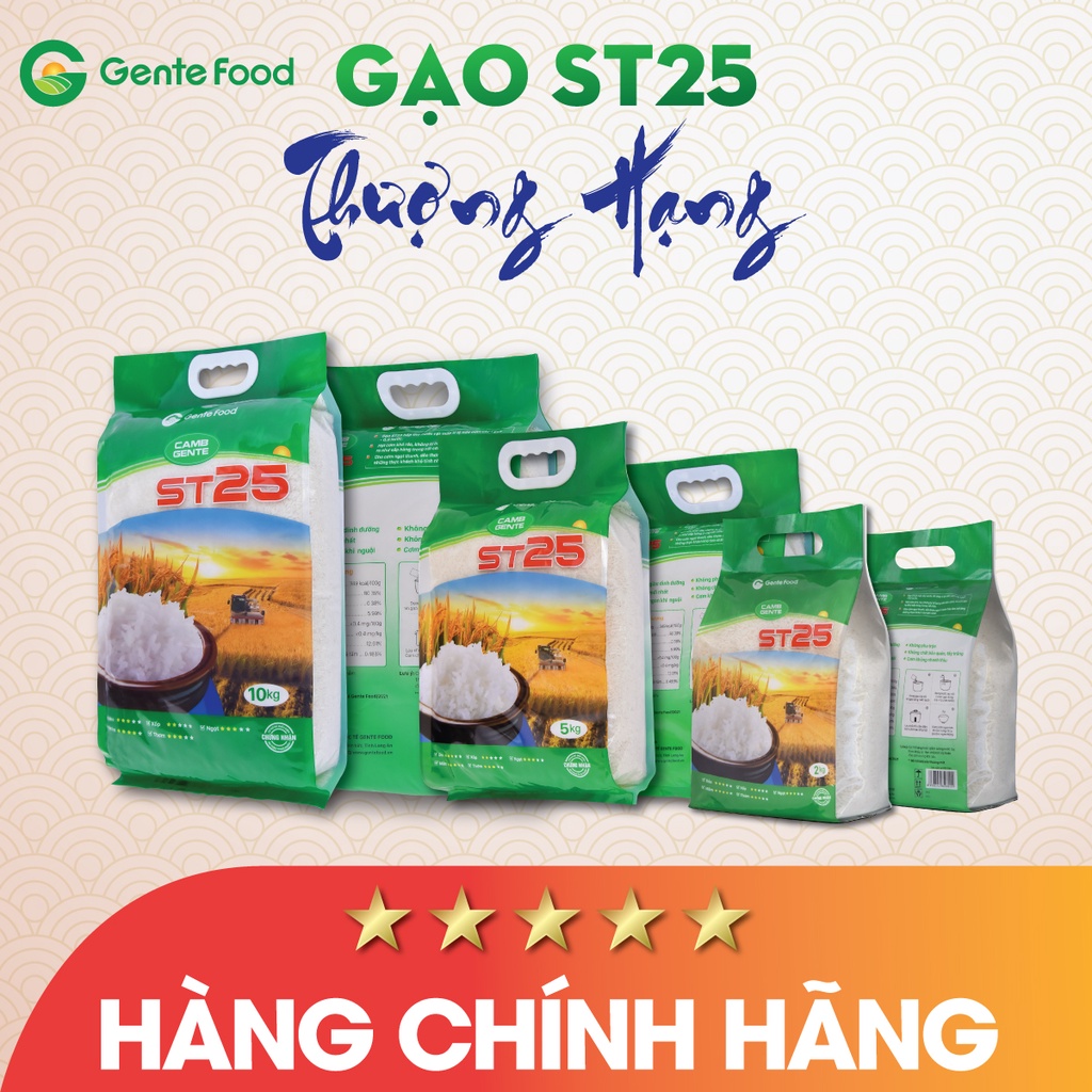 Gạo ST25 | CHÍNH HÃNG |Gente Food Túi 2kg Thơm, Dẻo, Ngon Cơm