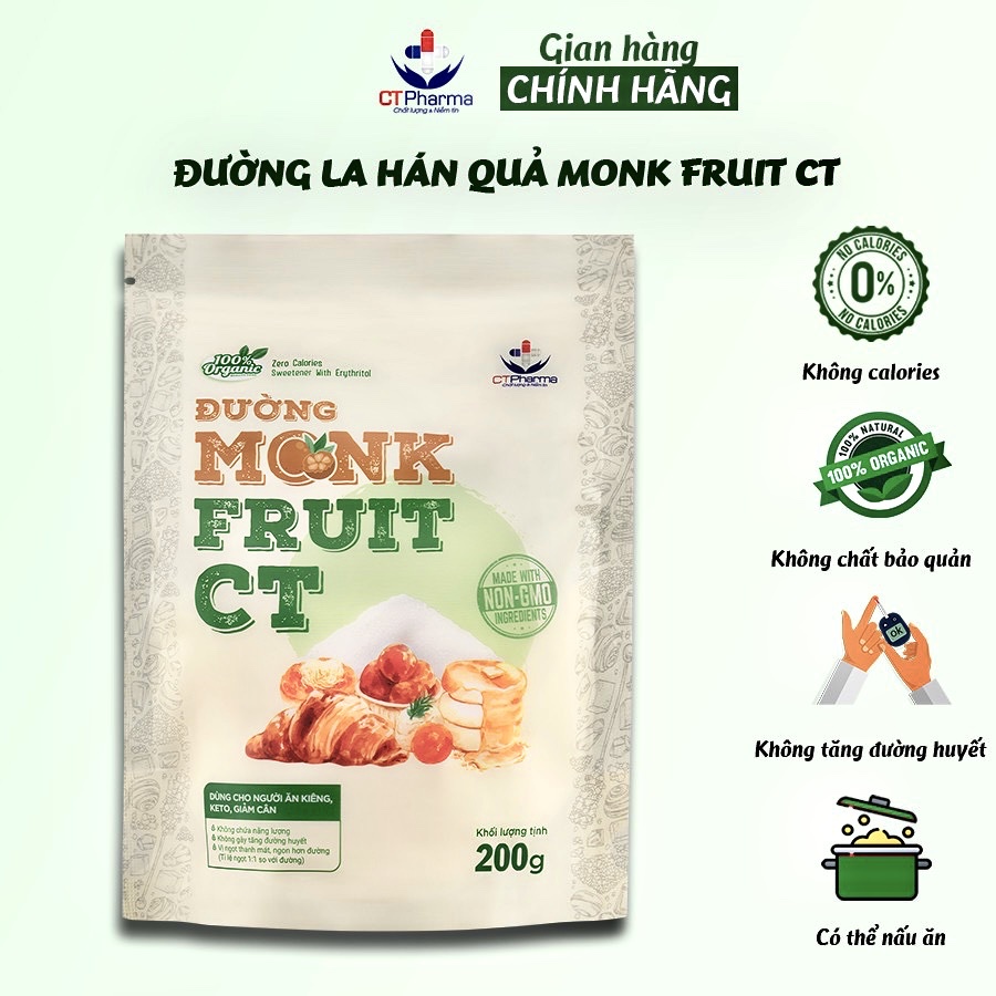 Đường ăn kiêng La hán quả Organic Hữu cơ MonkFruit CT Pharma 200 gram
