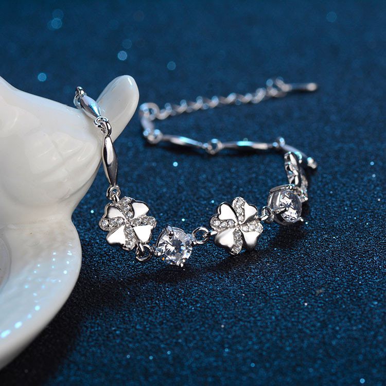 Lắc tay nữ vòng tay cỏ 4 lá may mắn đính đá bạc 925 phong cách hàn quốc dễ thương tặng hộp