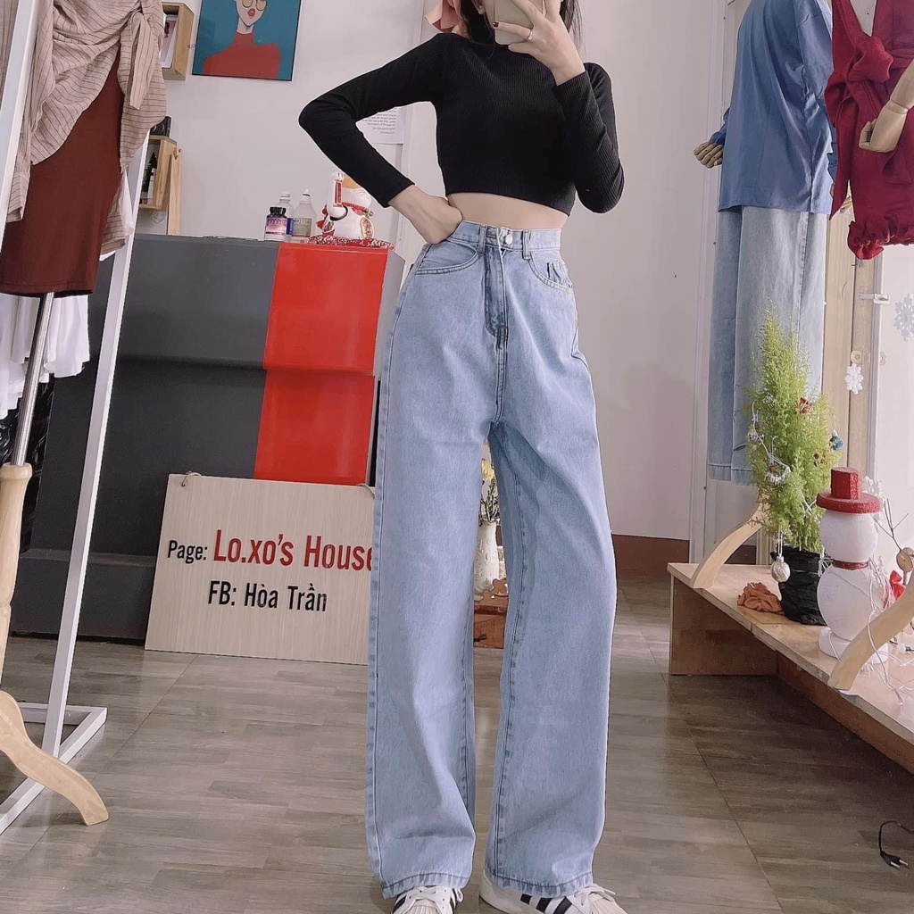Quần jean ống suông nữ lưng cao cạp cúc dáng rộng chất bò size S M L | BigBuy360 - bigbuy360.vn