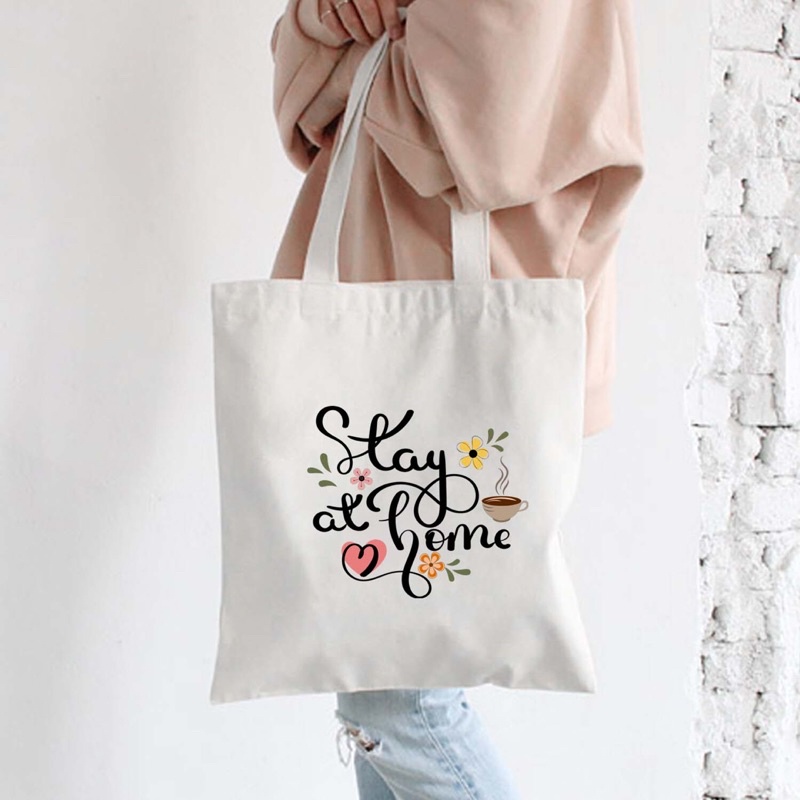 Túi vải tote canvas có khoá miệng màu trắng in nhiều hình đẹp