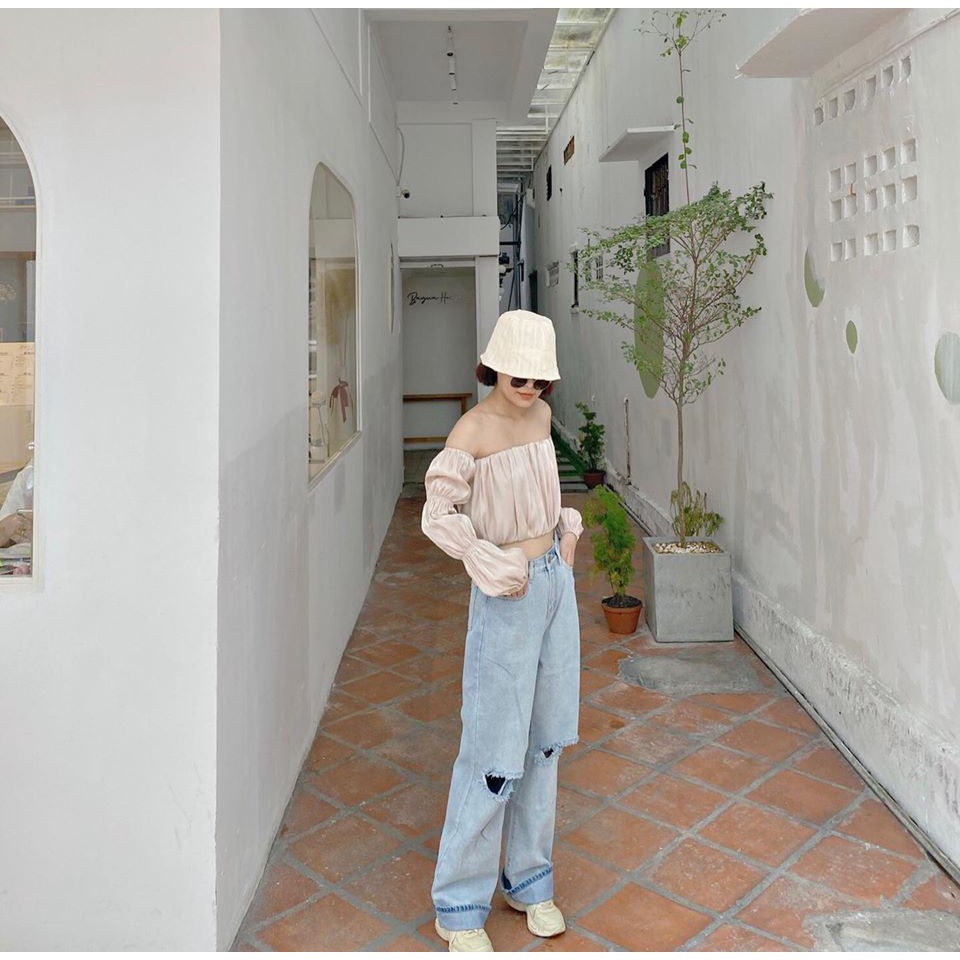 Quần jeans ống rộng rách gối Dora jeans