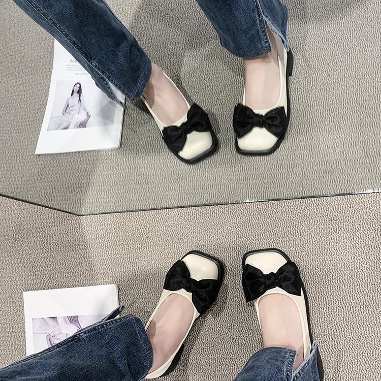 Giày Búp Bê Da Mũi Vuông Đính Nơ Phong Cách Anh Quốc Cho Nữ