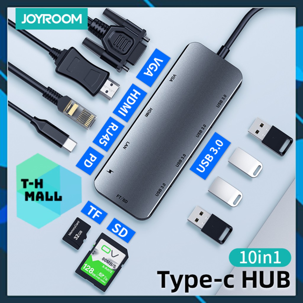 Bộ chuyển đổi hub 10 trong 1 Joyroom type C to USB3.0 / USB2.0 / HDMI / PD / RJ45 / SD / TF card / VGA 10 in 1