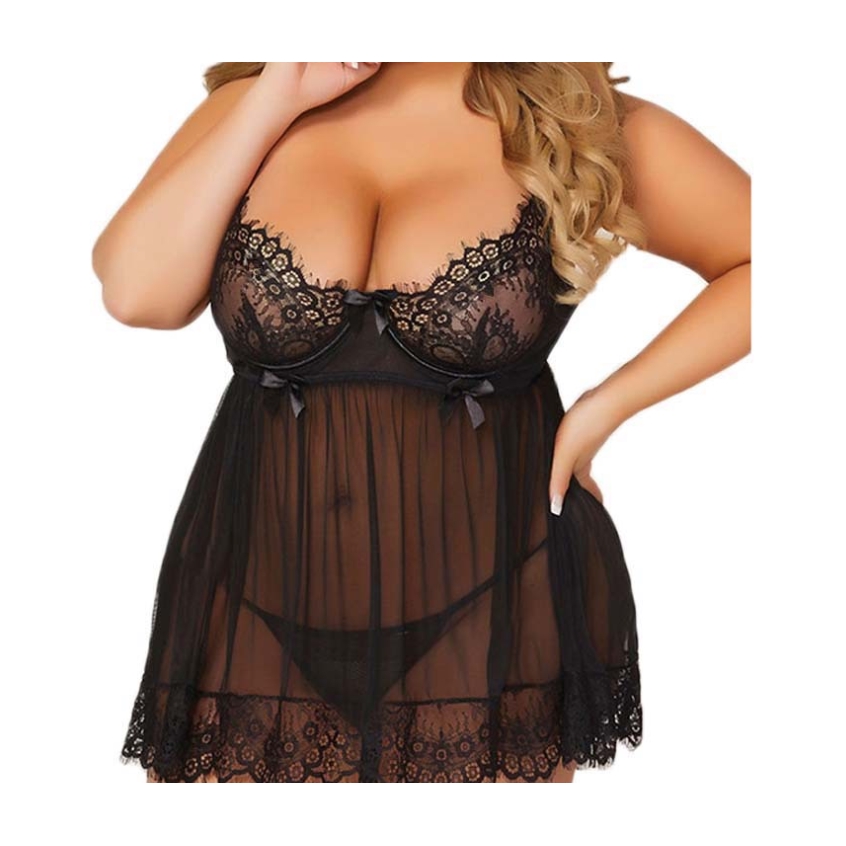 Set đầm ngủ xuyên thấu viền ren kèm quần lót lọt khe quyến rũ