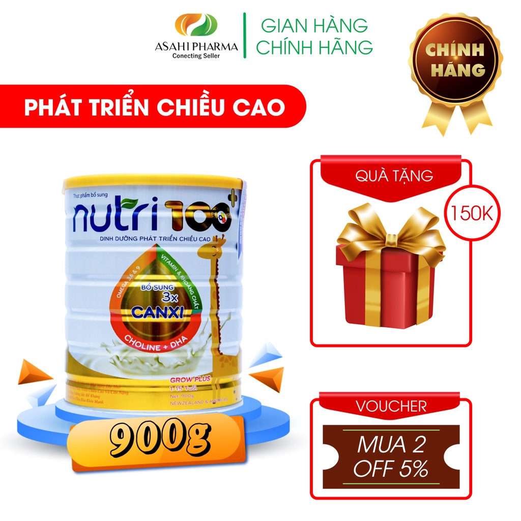 Sữa bột dinh dưỡng cho bé Nutri 100+ Grow Plus phát triển chiều cao và trí não (900g)