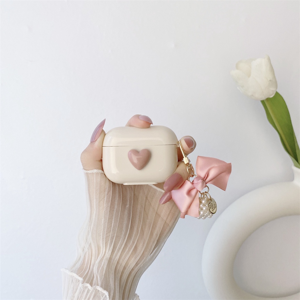 Vỏ Bảo Vệ Hộp Sạc Tai Nghe AirPods Pro 1 2 3 Hình Hộp Sữa Trái Tim Màu Trắng Kèm Dây Đeo Ốp