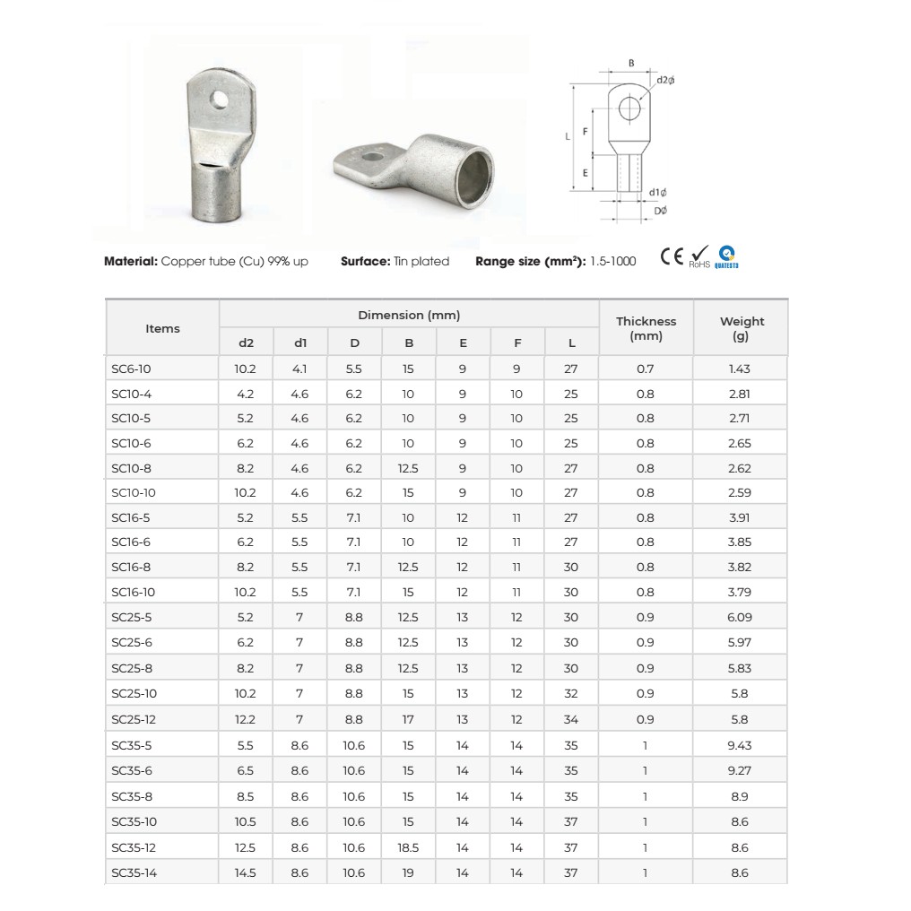 Đầu COS trần, bịt đầu SC bằng đồng mạ si chống oxi hóa SC10 ~ SC 70