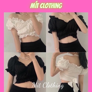 Áo kiểu croptop voan bẹt vai nhún ngực cột nơ sau eo a47