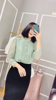 Sơ mi tiểu thu cổ cao tay dài freesize