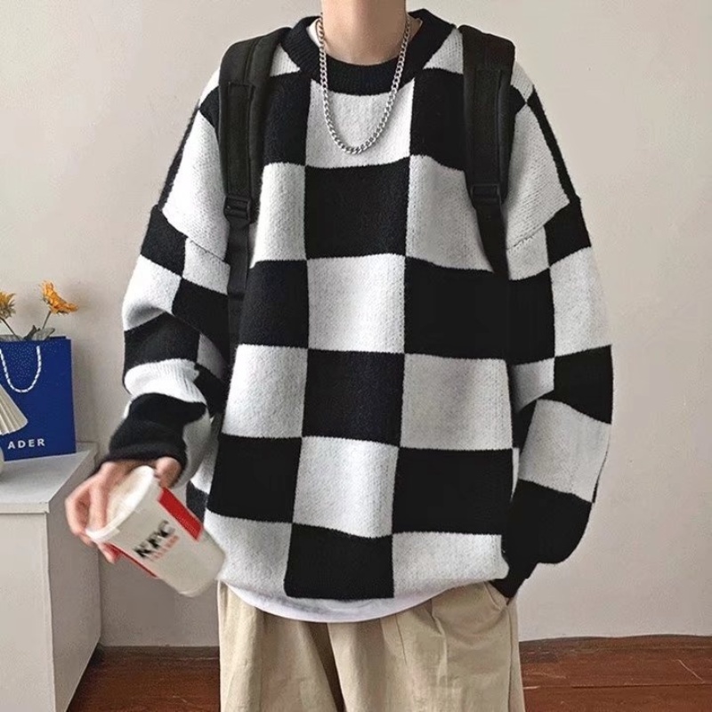 Áo sweater cổ tròn dáng rộng kẻ sọc ca rô phong cách Hàn Quốc retro thời trang cho cặp đôi