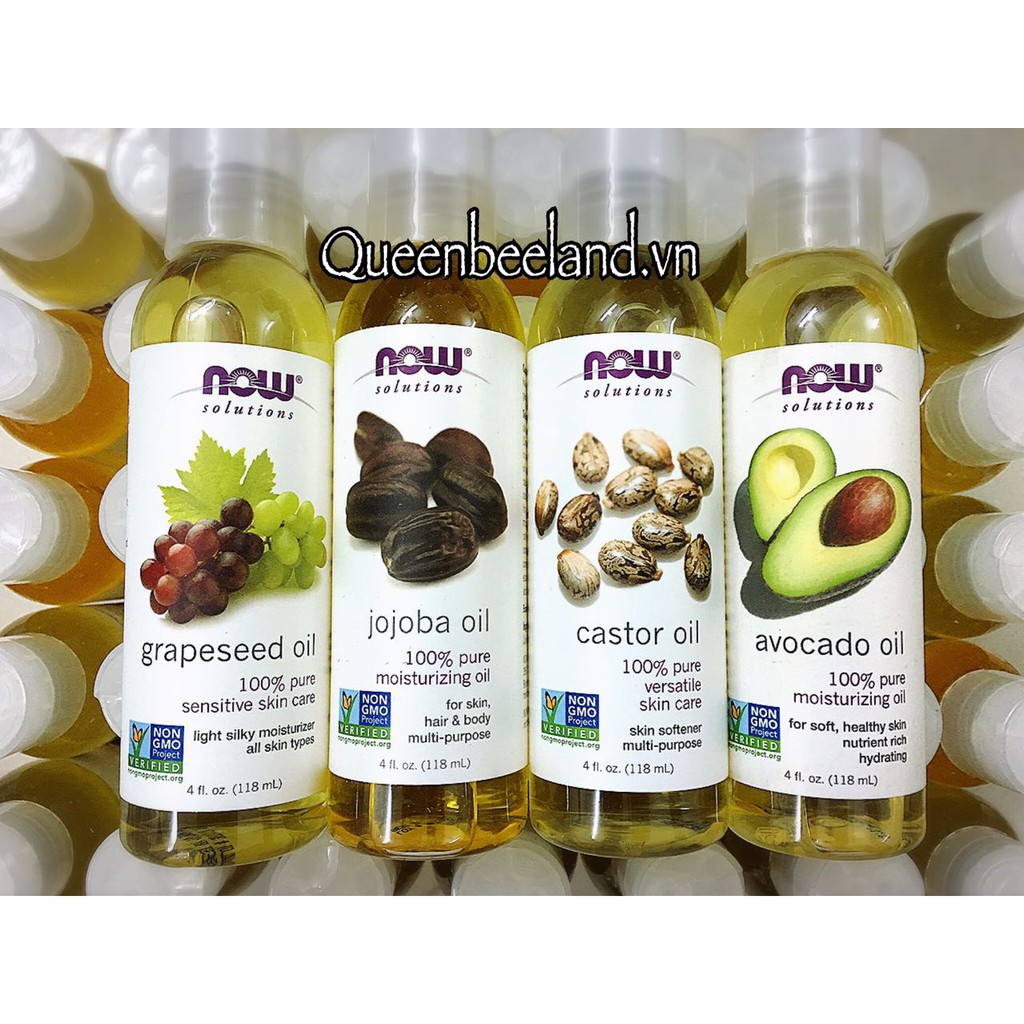 DẦU DƯỠNG DA 100% TỰ NHIÊN NOW GRAPESEED OIL, JOJOBA OIL, CASTOR OIL, AVOCADO OIL - 4oz (118ml)