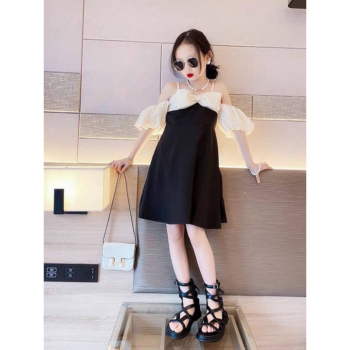 Váy nơ 2 dây trễ vai siêu đáng yêu cho bé gái