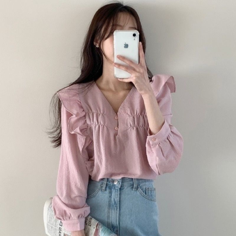 Áo Sơ Mi Tay Dài Cổ Chữ V Phong Cách Phương Tây Thanh Lịch Cho Nữ
