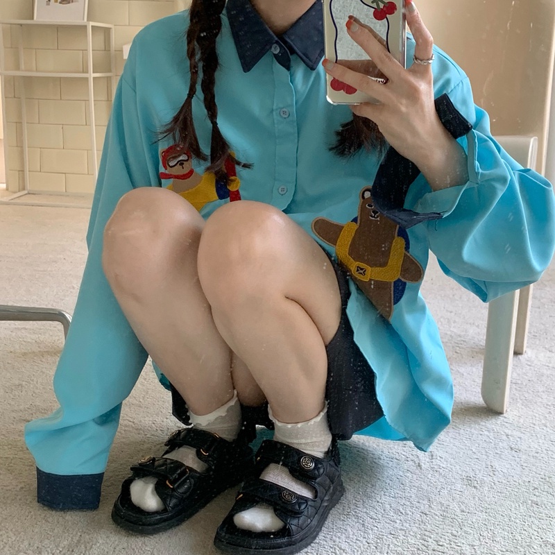 Áo sơ mi ZHELIHANGFEI tay dài dáng rộng thêu họa tiết phong cách Nhật sành điệu