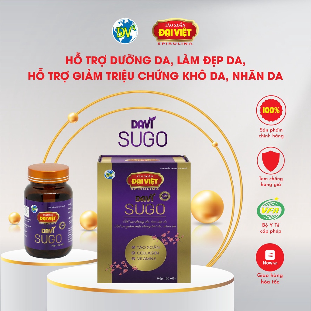 Tảo xoắn Đại Việt chính hãng TPBVSK Davi Sugo viên uống hỗ trợ dưỡng da, hỗ trợ tăng độ ẩm, tăng độ đàn hồi cho da 100v