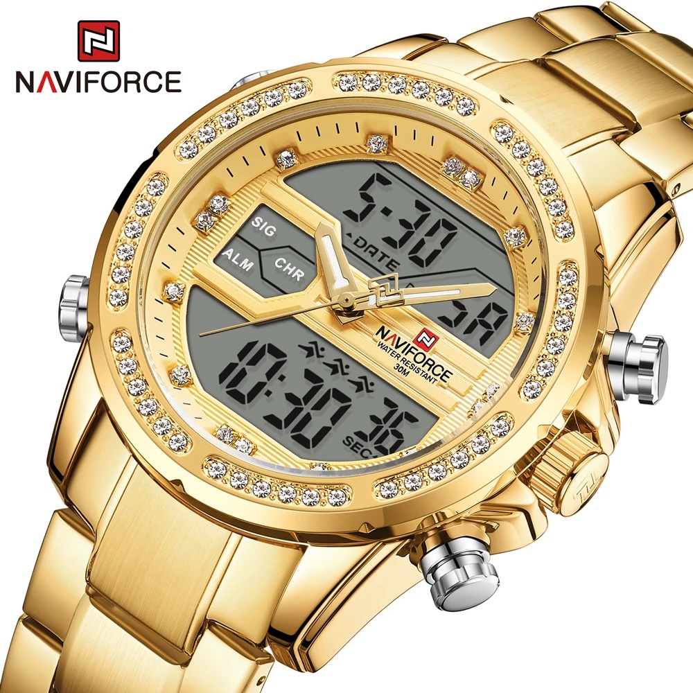 Naviforce Đồng Hồ Quartz Điện Tử Đính Pha Lê Hai Mặt Chất Liệu Thép Không Gỉ Chống Thấm Nước