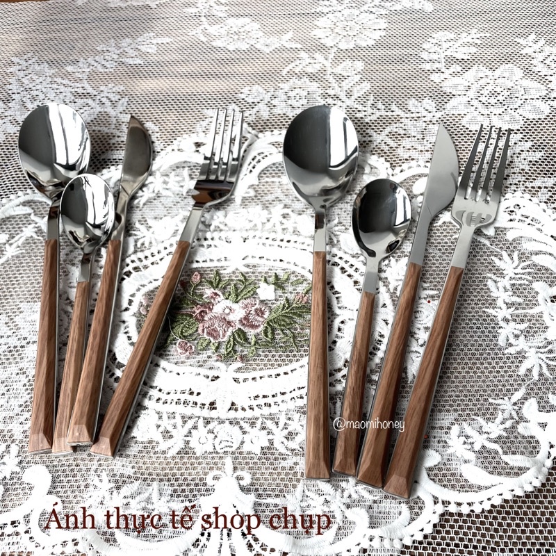 Set dao thìa dĩa cán giả gỗ phong cách Hàn Quốc