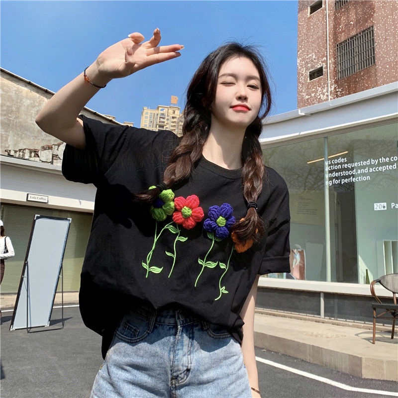 Áo Thun Tay Ngắn Cổ Tròn Thêu Hoa Cỡ Lớn Thời Trang Mùa Hè Hàng Mới Cho Nữ