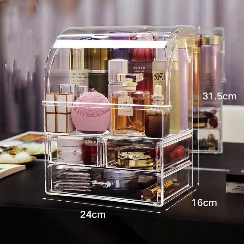 Hộp lưu trữ mỹ phẩm Hộp lưu trữ chống bụi để bàn Loại ngăn kéo acrylic Hộp đựng đồ trang điểm trong suốt+ 3 ngăn kéo